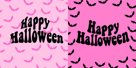 Happy Halloween groovy lettering. Pink Halloween sign banner with set of bats. Trendy vintage poster. Vector illustration