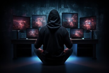 Hooded Hacker Surrounded by Monitors. Generative AI.