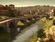 Illustration of Ancient Rome with paved roads, river and Ancient buildings and bridges.