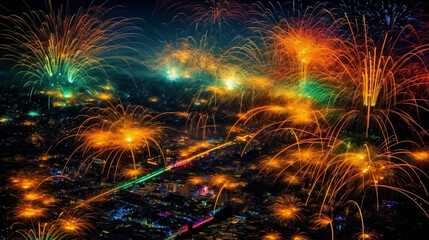 Poster - A vibrant fireworks display illuminating the night sky on Independence Day, AI-Generated