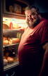 An overweight man has a late night snack, stands in front of the open refrigerator and looks ruddy and smiling
