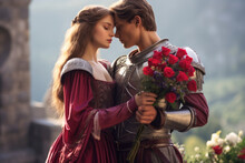 Romantic Medieval Fantasy Princess In Love And Her Lover Knight In Shining Armour Embracing, Against A Backdrop Of A Castle And Blooming Flowers. Inspired By Legends Of King Arthur