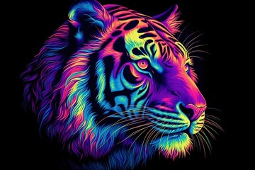  Colorful tiger paint on a black background. Created with generative AI.