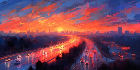 Canvas Print - sunset in the city traffic