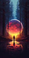Canvas Print - person in the dark woods with red moon