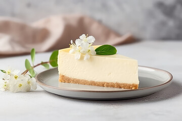 Classic vanilla cheesecake New York slice with flower on a light kitchen background. Generative AI photo.