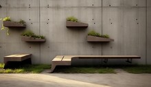Strange Concept For Outdoor Seating. Benches Attached To A Concrete Wall, One At Ground Level, Another Raised Higher For A Birds Eye View Of The