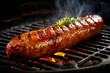 Close up of hot dog on grill with flames in the background. Generative AI.