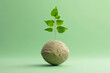 Plant sprouting out of rock on light green background. Generative AI.