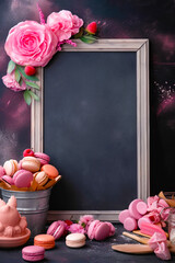 Canvas Print - Bucket of macaroni and cheese next to chalkboard with pink flowers. Generative AI.