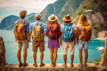 Poster - Group of people standing on top of cliff overlooking body of water. Generative AI.