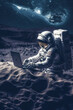 Man in space suit sitting on the moon using laptop computer. Generative AI.