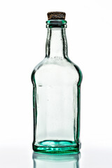 Sticker - Clear glass bottle with green cap on white backgrounnd. Generative AI.