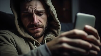 Front view portrait of a sad, depressed, crying bearded man checking, looking at phone sitting on the floor in the living room at home, dad parent received negative news, dark background, AI Generated