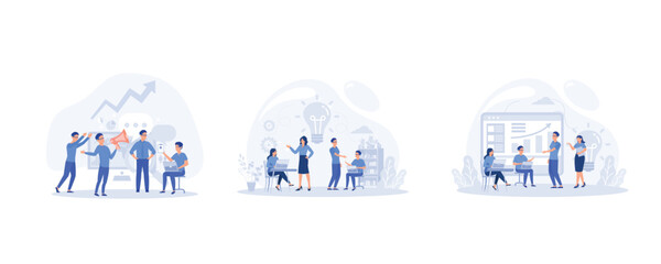 People workers cartoon characters searching for new ideas, working together in the company, online assistant at work, set flat vector modern illustration