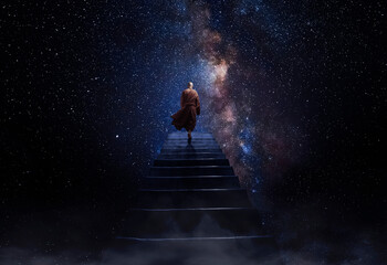 Wall Mural - Monk observing the universe at the end of the stairs. AI generative