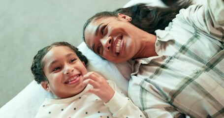 Poster - Mom, girl child and selfie on bed with smile, care and love for memory, social media app and together. Family house, mother and daughter with photography, profile picture and comic laugh in bedroom