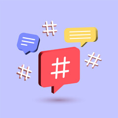 3d hashtag icon and message chat speech bubble icon. social network online communication background.