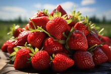 Basket Of Ripe Strawberries In On Sunny Day. Generative AI