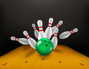 Aufkleber - Billiard skittles and green ball on bowling valley. 3d vector illustration. Strike concept
