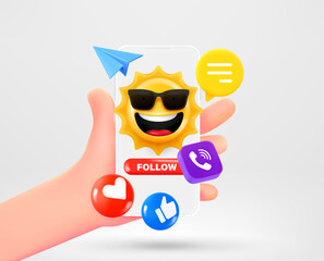 Aufkleber - Man holding smartphone with Social media icons and emoji. Vector 3d illustration
