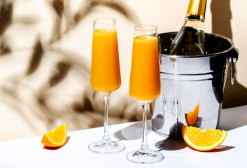 Wall Mural - Mimosa summer cocktail drink with orange juice and cold dry champagne or sparkling wine in glasses. Beige background, hard light, shadow pattern