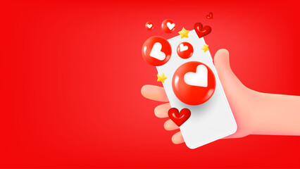 Aufkleber - Man holding smartphone with social media icons. 3d banner with copy space