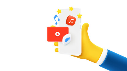Poster - Man holding smartphone with entartainment application on the screen. 3d vector banner with copy space
