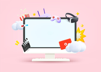 Poster - Computer monitor with video entertainment elements and blank screen. 3d vector illustration
 