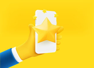 Poster - Businessman holding smartphone with rating star on the screen. Hot concept. 3d vector illustration