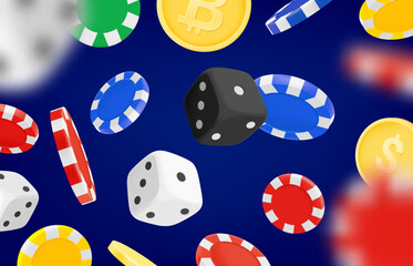 Aufkleber - Casino game concept with color casino chips, dice and coins. 3d vector illustration