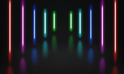 Poster - Abstract studio with glowing vibrant neon lights. 3d vector illustration
