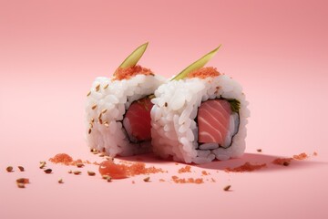 japanese sushi salmon uramaki sushi roll, with seeds ontop on pink background, food studio photography, japan cuisine, sashimi, nigiri, 