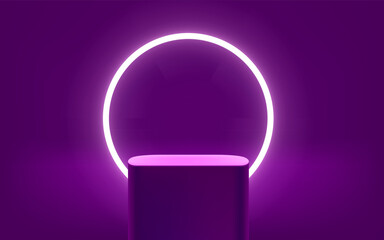 Sticker - Dark violet room with glowing stage and bright white neon circle 