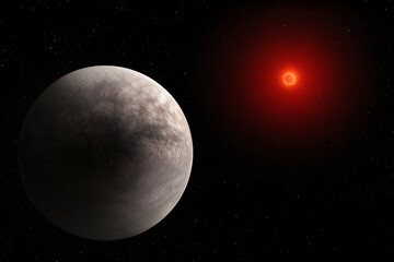 Wall Mural - exoplanet orbiting around a giant red star. generative artificial intelligence.