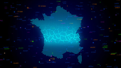 Futuristic Blue Colorful Shiny Digital Technology Hud Dots Mosaic Grid France Map Light Scanning With Numeric Tech Particles Background