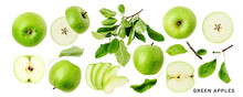 Fresh Green Apple Fruits Isolated. PNG With Transparent Background. Flat Lay. Without Shadow.
