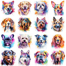 Set Of Dogs Of Various Breeds Painted In Watercolor On A White Background In A Realistic Manner, Colorful, Rainbow.