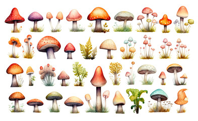 Wall Mural - large collection of small soft watercolor mushrooms isolated on a transparent background, generative ai