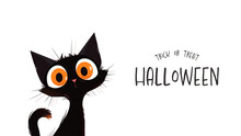 Halloween Banner With Tradition Symbols. Black Cat Illustration. Generated AI