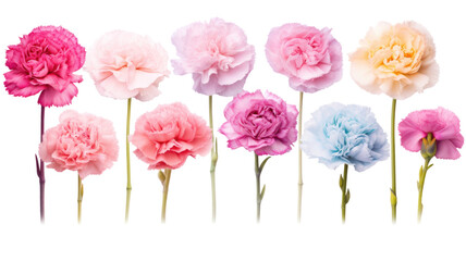 Sticker - collection of soft pastel carnations flowers isolated on a transparent background, generative ai