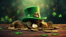 St Patricks Day Green Clover Hat With Coins - Generative AI
