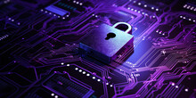 Cyber Security Concept. Padlock On Circuit Board Background Neon Purple Created With AI 
