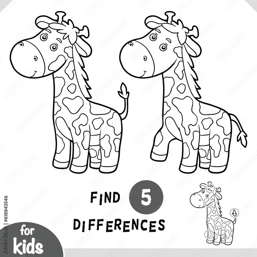 Cute cartoon Giraffe animal, Find differences educational game for ...