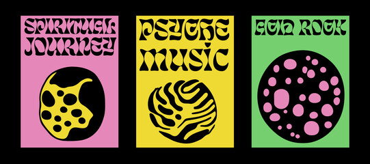 Poster - Psychedelic posters with abstract blobs in pink, green and acid yellow color palette. Minimal mid-century style. 