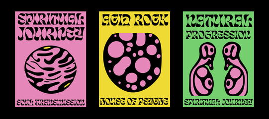 Poster - Psychedelic posters with abstract blobs in pink, green and acid yellow color palette. Minimal mid-century style. 