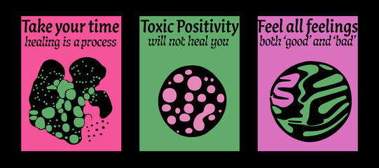 Poster - Psychedelic posters with abstract blobs in pink, green and acid yellow color palette. Minimal mid-century style. 