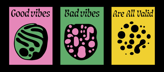 Poster - Psychedelic posters with abstract blobs in pink, green and acid yellow color palette. Minimal mid-century style. 