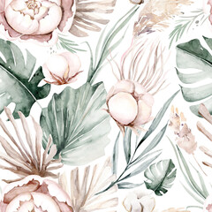 Wall Mural - Seamless watercolor floral pattern pink blush flowers elements, green leaves branches on white backgroundfor wrappers, wallpapers, greeting cards, wedding invites