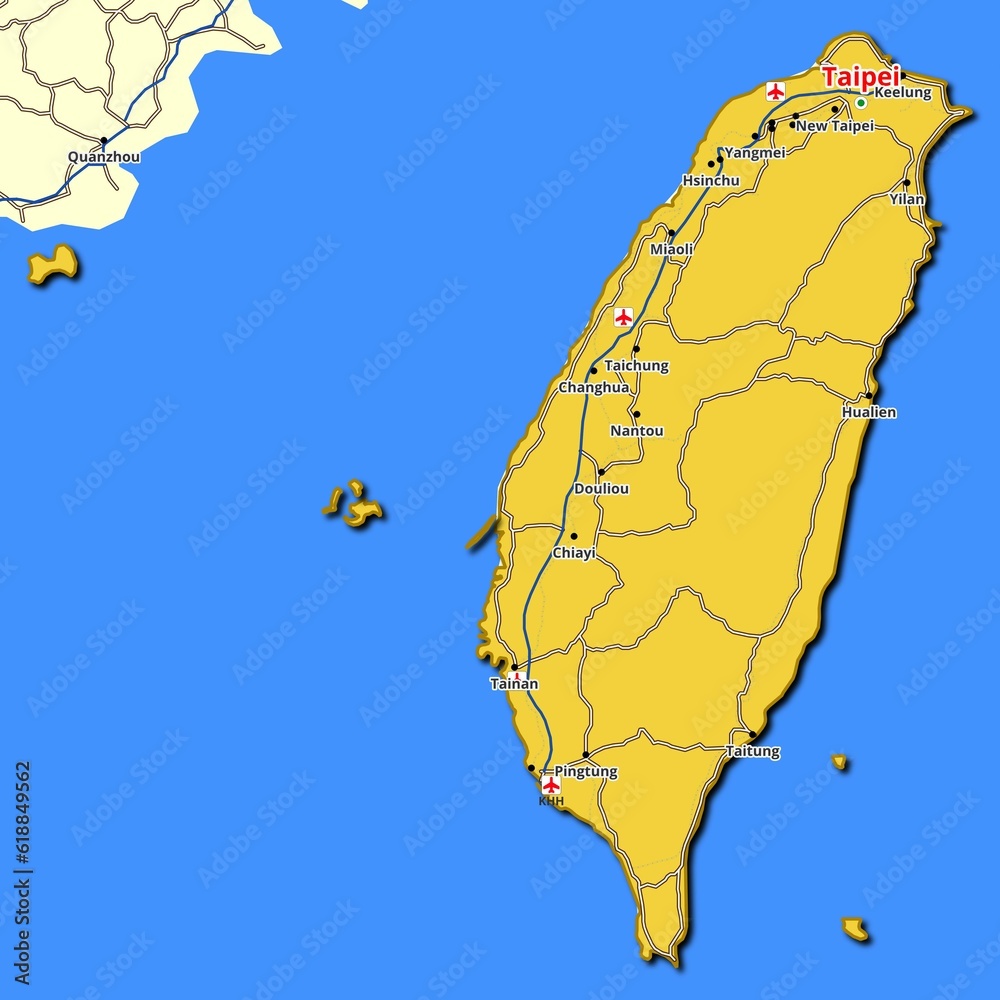Map of Taiwan with main roads and highways Stock Illustration | Adobe Stock